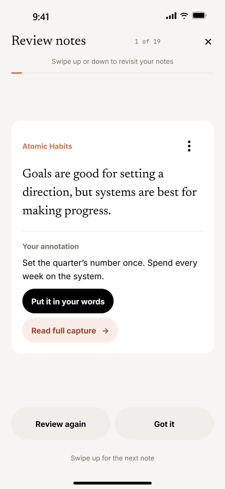 Review notes in Memorandum: a saved quote and your annotation, with Put it in your words, Review again and Got it